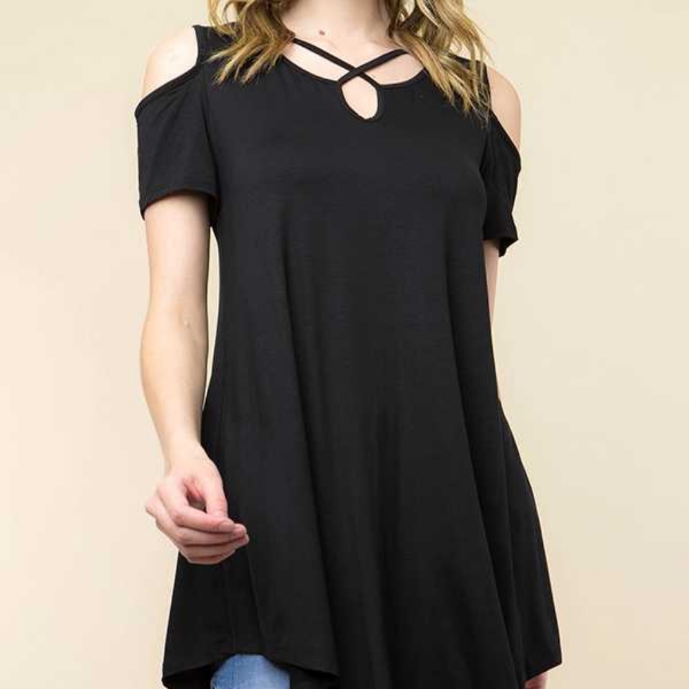 Solid Criss Cross Short Sleeve Cold Shoulder Tunic